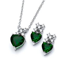 Sterling Silver Rhodium Plated Clear Round Green Heart CZ Stud Earring & Necklace Set bgs00399g