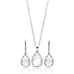 Sterling Silver Rhodium Plated Teardrop CZ Dangling Lever Back Earring & Necklace Set