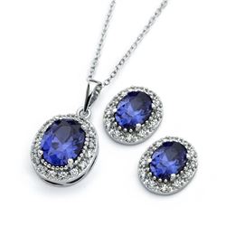 Sterling Silver Rhodium Plated Clear Cluster Blue Oval CZ Stud Earring & Necklace Set bgs00404