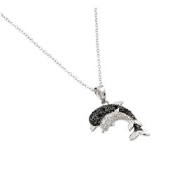 Sterling Silver Rhodium Plated Black and Clear Dolphin Necklace BGP00680