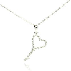 Sterling Silver Rhodium Plated Clear CZ Key Pendant Necklace stp01000