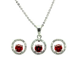 Sterling Silver Rhodium Plated Clear & Red Round Open Circle CZ Stud Earring & Dangling Necklace Set