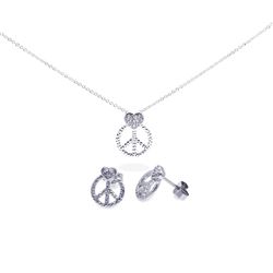 Sterling Silver Rhodium Plated Open Peace Sign CZ Stud Earring & Necklace Set sts00306