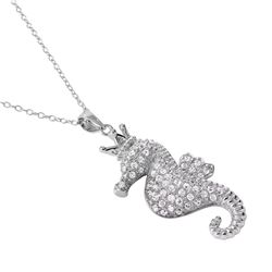 Sterling Silver Rhodium Plated Clear CZ Seahorse Pendent Necklace BGP01025