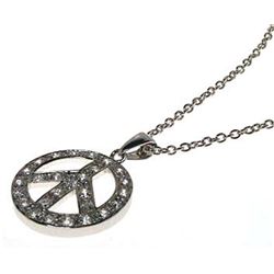 Sterling Silver Clear CZ Rhodium Plated Peace Logo Pendant Necklace stp00084