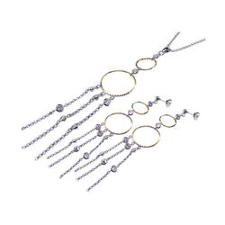 Sterling Silver Rhodium Plated Heart Multiple Round CZ Two Open Circle Dangling Multiple Strand Stud
