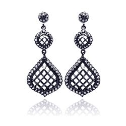 Sterling Silver Black Rhodium Plated Round Pear Teardrop CZ Dangling Stud Earring bge00202