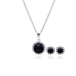 Sterling Silver Rhodium & Black Plated Clear & Black Round Circle CZ Stud Earring & Dangling Necklac