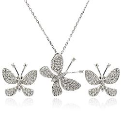 Sterling Silver Rhodium Plated Butterfly CZ Stud Earring & Necklace Set sts00324clr