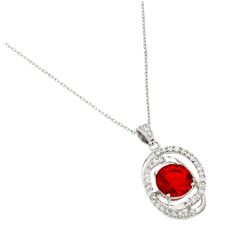 Sterling Silver Rhodium Plated  Red CZ Circle Pendant BGP00721