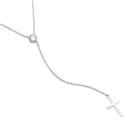 Sterling Silver Rhodium Plated Single CZ Stone With Drop Cross Necklace - STP01519