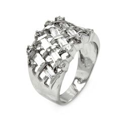 Rhodium Plated Brass Net Clear CZ Cigar Band Ring bbr00053