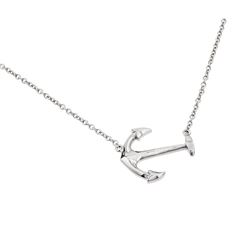 Sterling Silver Rhodium Plated Solid Sideways Anchor Pendant Necklace bgp00880
