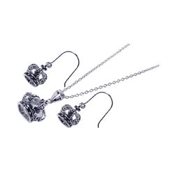 Sterling Silver Oxidized Rhodium Plated Crown Hook Earring & Dangling Necklace Set bgs00010
