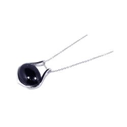 Sterling Silver Rhodium Plated Clear CZ & Oval Onyx Pendant Necklace stp00673