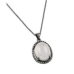 Silver Black Rhodium Plated CZ Center Pearl Necklace bgp00708