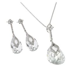 Sterling Silver Rhodium Plated Clear Drop CZ Hanging Stud Earring & Hanging Necklace Set BGS00288