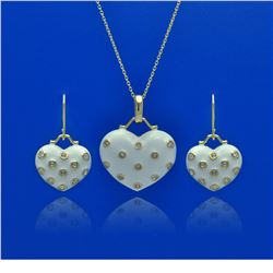 Sterling Silver Rhodium Plated Heart White Enamel Clear CZ Dangling Hook Earring & Necklace Set sts0