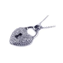 Sterling Silver Clear CZ Rhodium Plated puffed Lock Heart Pendant Necklace bgp00030