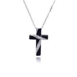 Sterling Silver Rhodium Plated Black & Clear Cross CZ Necklace bgp00487