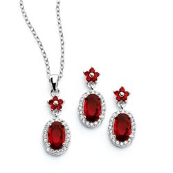 Sterling Silver Rhodium Plated Flower Round Red CZ Dangling Stud Earring & Necklace Set sts00473
