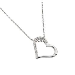Sterling Silver Rhodium Plated Clear CZ Slanted Heart Pendant Necklace STP01432