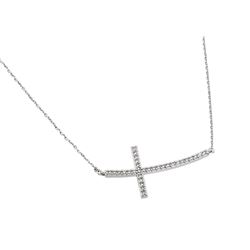 Sterling Silver Rhodium Plated Sideways Cross CZ Necklace bgp00668