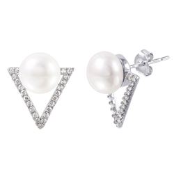 Sterling Silver Rhodium Plated Open Triangle Pearl CZ Stud Earring STE01006
