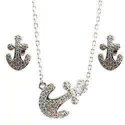 Sterling Silver Rhodium Plated Pave Set Clear Anchor CZ Stud Earring & Necklace Set BGS00307