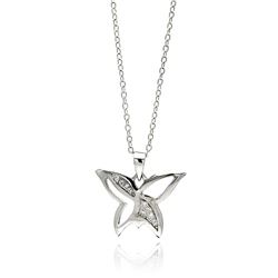Rhodium Plated Brass Open Butterfly Clear CZ Pendant Necklace bbp00164