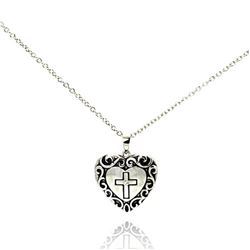 Sterling Silver Rhodium Plated Clear CZ Black Onyx Heart Cross Pendant Necklace stp00622