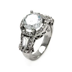 Rhodium Plated Brass Clear Round & Baguette Sides CZ Bridal Ring bbr00086