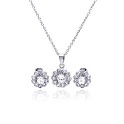 Sterling Silver Rhodium Plated Clear Flower CZ Stud Earring & Necklace Set bgs00027