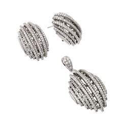 Sterling Silver Rhodium Plated Clear Puffed Button CZ Stud Earring & Dangling Necklace Set gms00008