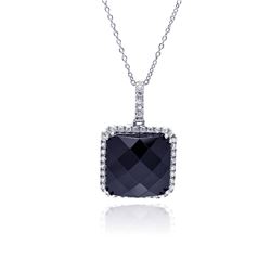 Sterling Silver Rhodium Plated Clear CZ Square Onyx Pendant Necklace stp01126