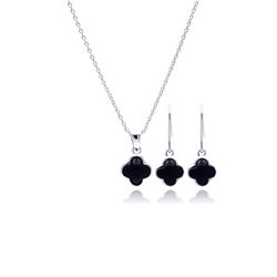 Sterling Silver Rhodium Plated Black Onyx Flower Dangling Hook Earring & Necklace Set sts00354