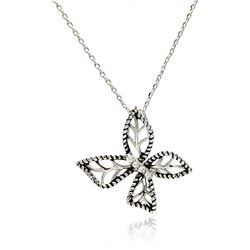 Rhodium Plated Brass Open Butterfly Clear CZ Pendant Necklace bbp00085