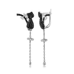 Sterling Silver Rhodium Plated Black CZ Cat With Hanging Tale Leverback Earrings - GME00044BR-BLACK