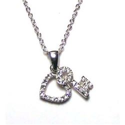 Sterling Silver Clear CZ Rhodium Plated Heart/Key Entwined Pendant Necklace stp00010