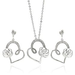 Rhodium Plated Brass Open Heart Rose Flower Outline Clear CZ Dangling Stud Earring & Necklace Set bb