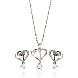 Sterling Silver Rhodium Plated Clear Double Open Heart CZ Hanging Stud Earring & Hanging Necklace Se