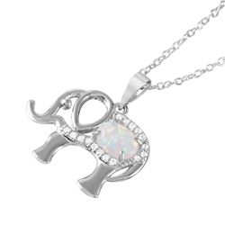 Sterling Silver Rhodium Plated Oval Opal Clear CZ Elephant Pendant Necklace BGP01056