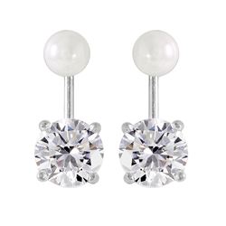 Sterling Silver Rhodium Plated Pearl CZ Earring - STE00990
