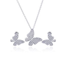 Sterling Silver Rhodium Plated Clear Pave Set Butterfly CZ Stud Earring & Necklace Set bgs00120