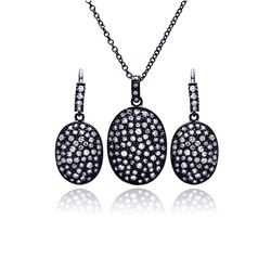 Sterling Silver Black Rhodium Plated Oval Clear CZ Leverback Earring & Necklace Set bgs00181