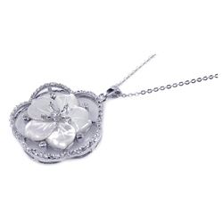 Sterling Silver Clear CZ Mother Pearl Rhodium Plated Flower Pendant Necklace bgp00128
