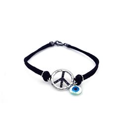 Sterling Silver Rhodium Plated Black CZ Peace Sign & Evil Eye Black Cord Bracelet stb00409