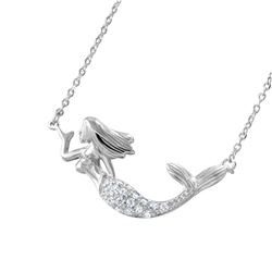 Sterling Silver Rhodium Plated Clear CZ Mermaid & Pearl Pendant Necklace BGP01047