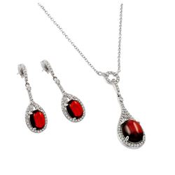 Sterling Silver Rhodium Plated Pear Shaped Clear & Red CZ Dangling Stud Earring & Dangling Necklace 