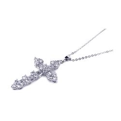 Sterling Silver Clear CZ Rhodium Plated Cross Pendant Necklace bgp00162